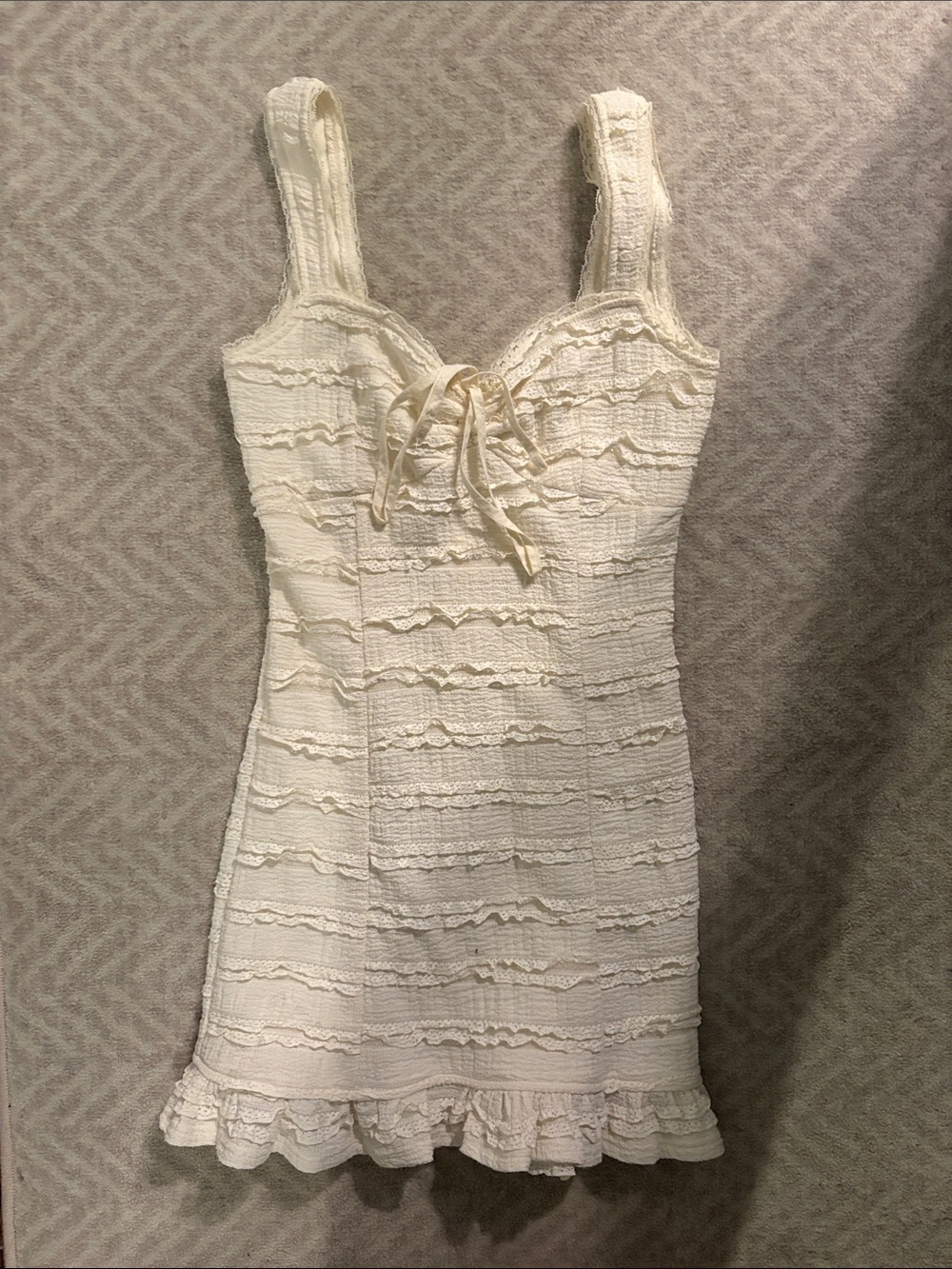 Lace Ruffle Tie-Front Mini Dress in Cream